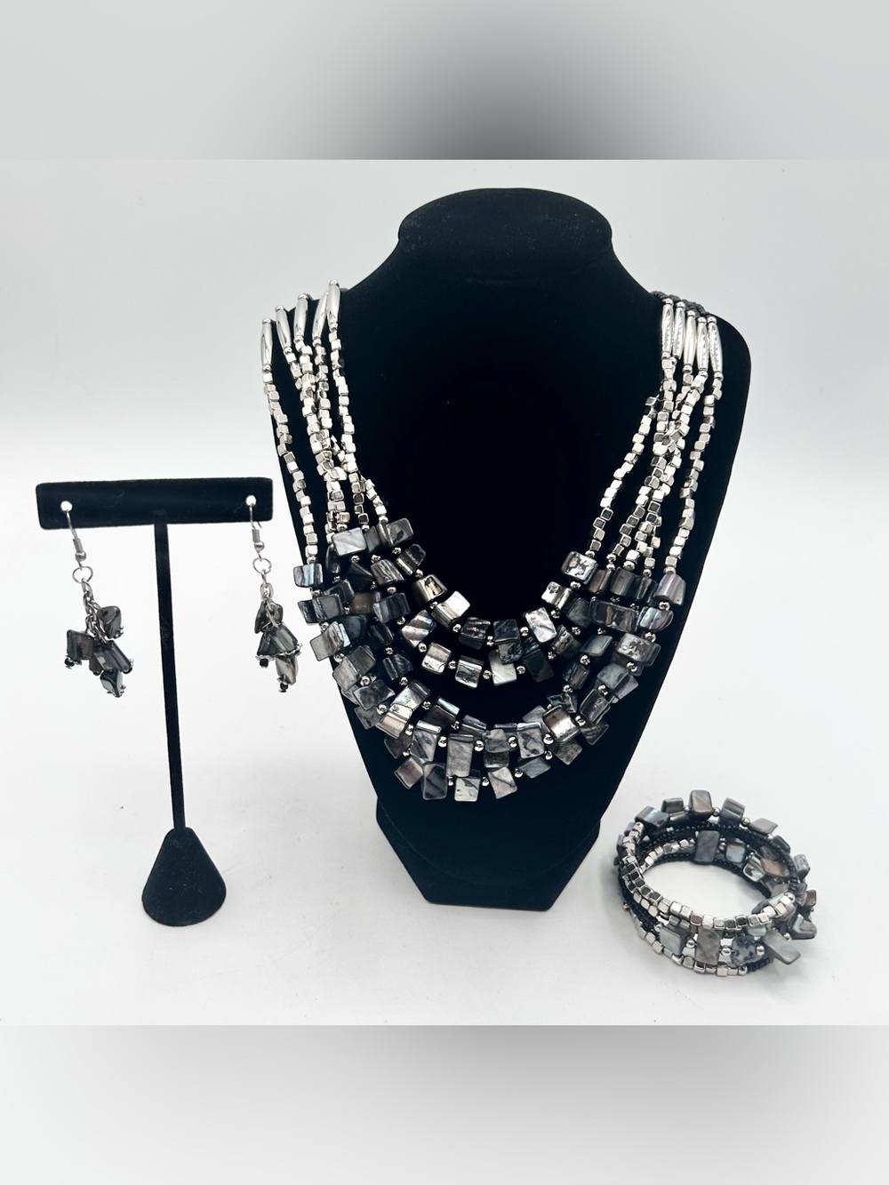 Square Stone Bead Necklace Set Black Silver Bracelet Earrings Set of 3 Boxed